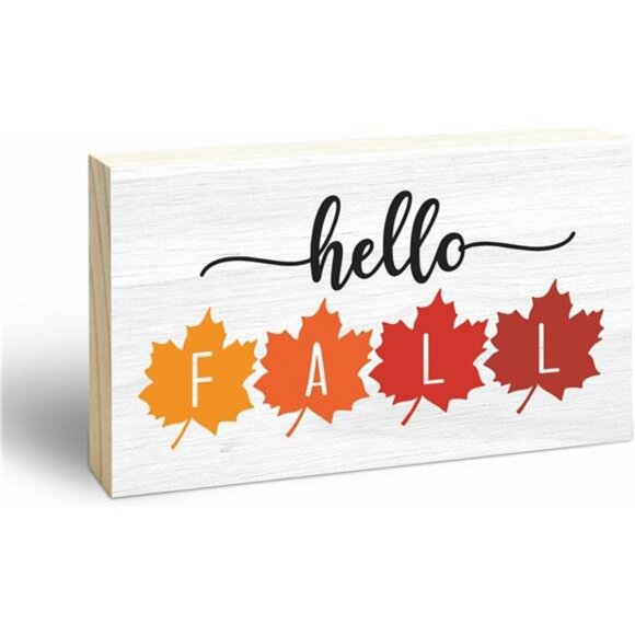 Hello Fall Wooden Block Sign - Watercolor Maple Leaf - Thanksgiving Pine Wood - Picture 1 of 5